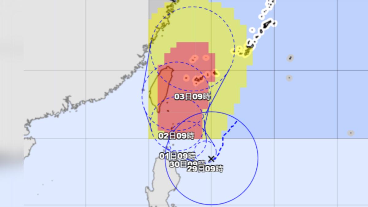 日本氣象廳最新預測,紅色區塊進入山陀兒暴風圈的機率為30%至70%。(圖/翻攝自日本氣象廳)