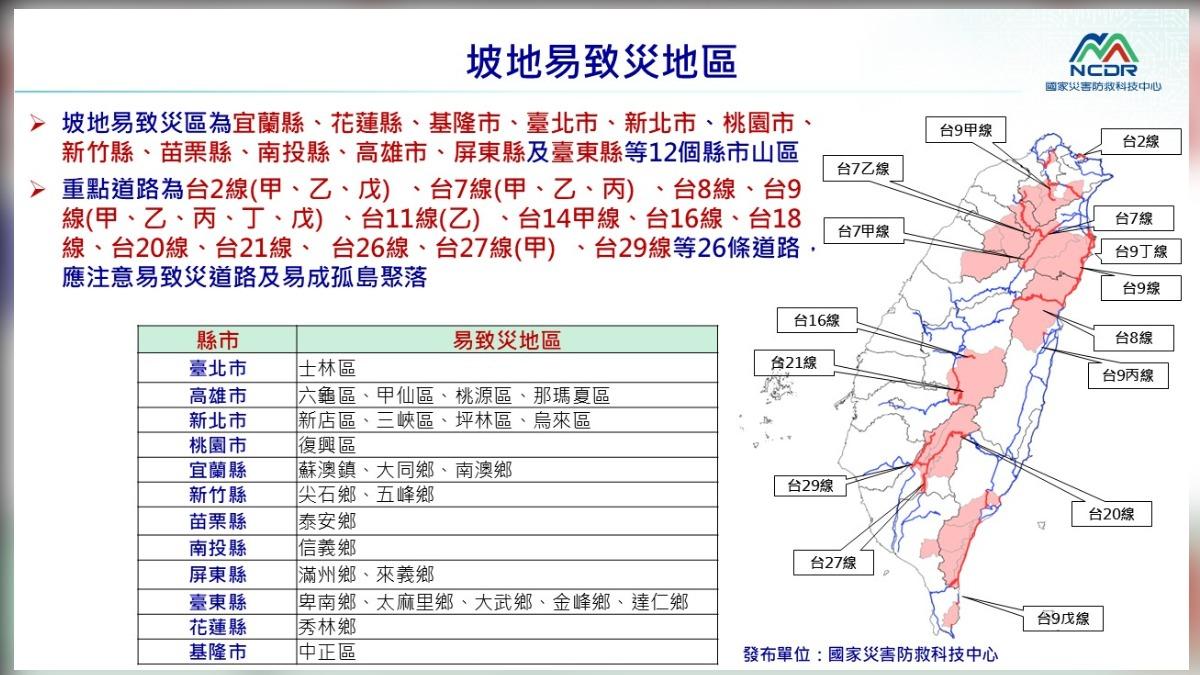 國家災害防治科技中心列全台共12縣市山區,須留意此次颱風帶來山區降雨。(圖/國家災害防救科技中心)