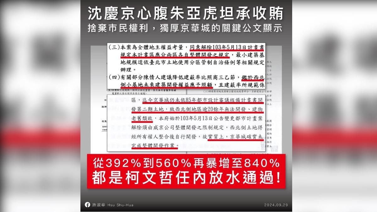 北市議員秀公文顯示,柯文哲在2017年就核給京華城容積率。(圖/翻攝自許淑華臉書)