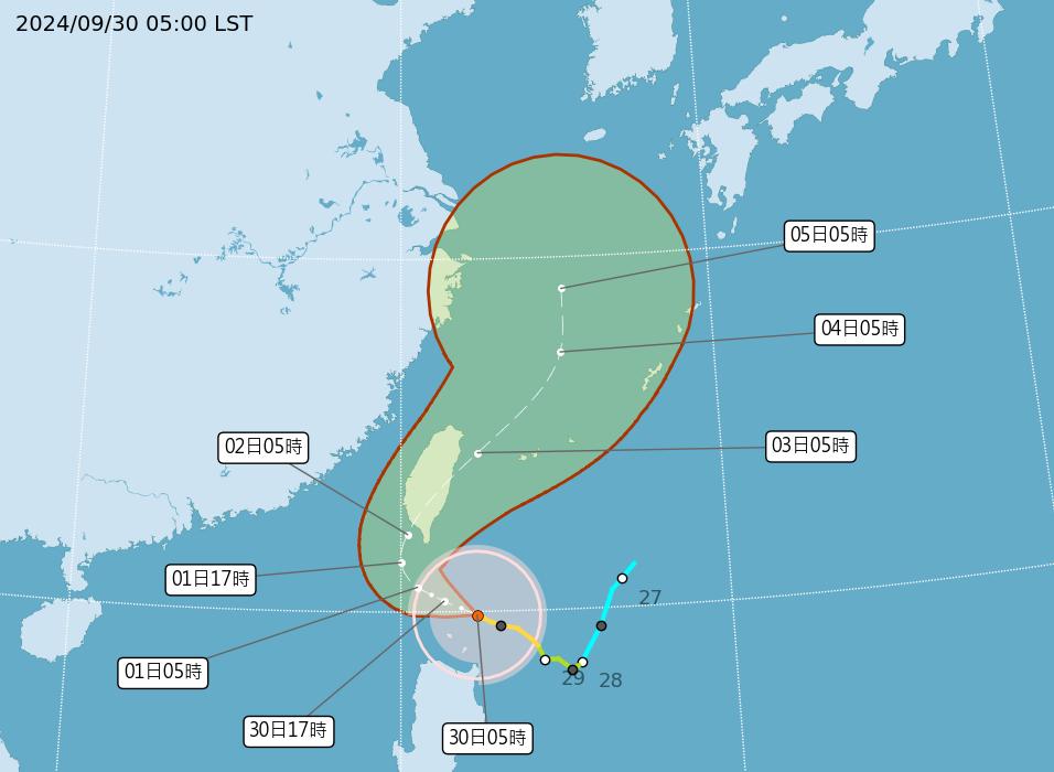山陀兒在週二至週四(10月1日至3日)上半天將是影響台灣最明顯的時候。(圖/氣象署)