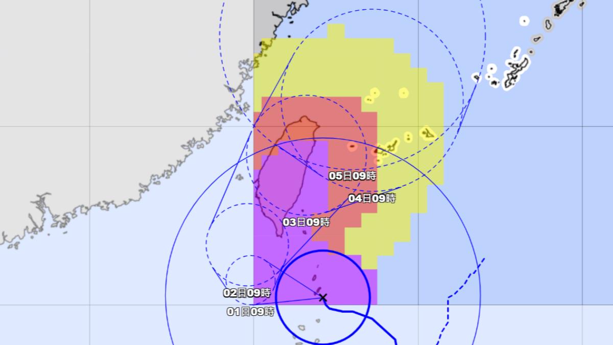 日本氣象廳預估約3分之2個台灣,有70%至100%機率被山陀兒颱風暴風區域籠罩。(圖/翻攝自日本氣象廳)