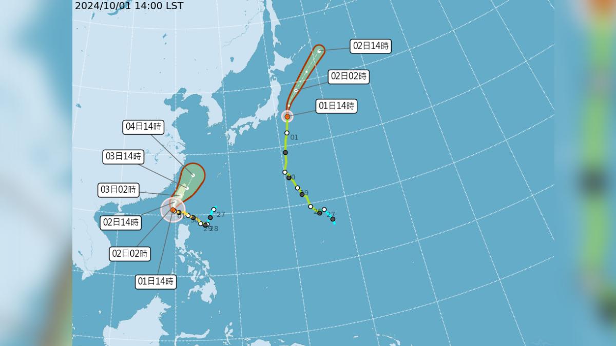 颱風山陀兒（左）目前位置。（圖／中央氣象署）