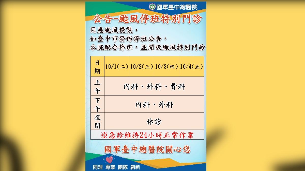 國軍台中總醫院1日至4日開設特別門診。（圖／國軍台中總醫院提供）