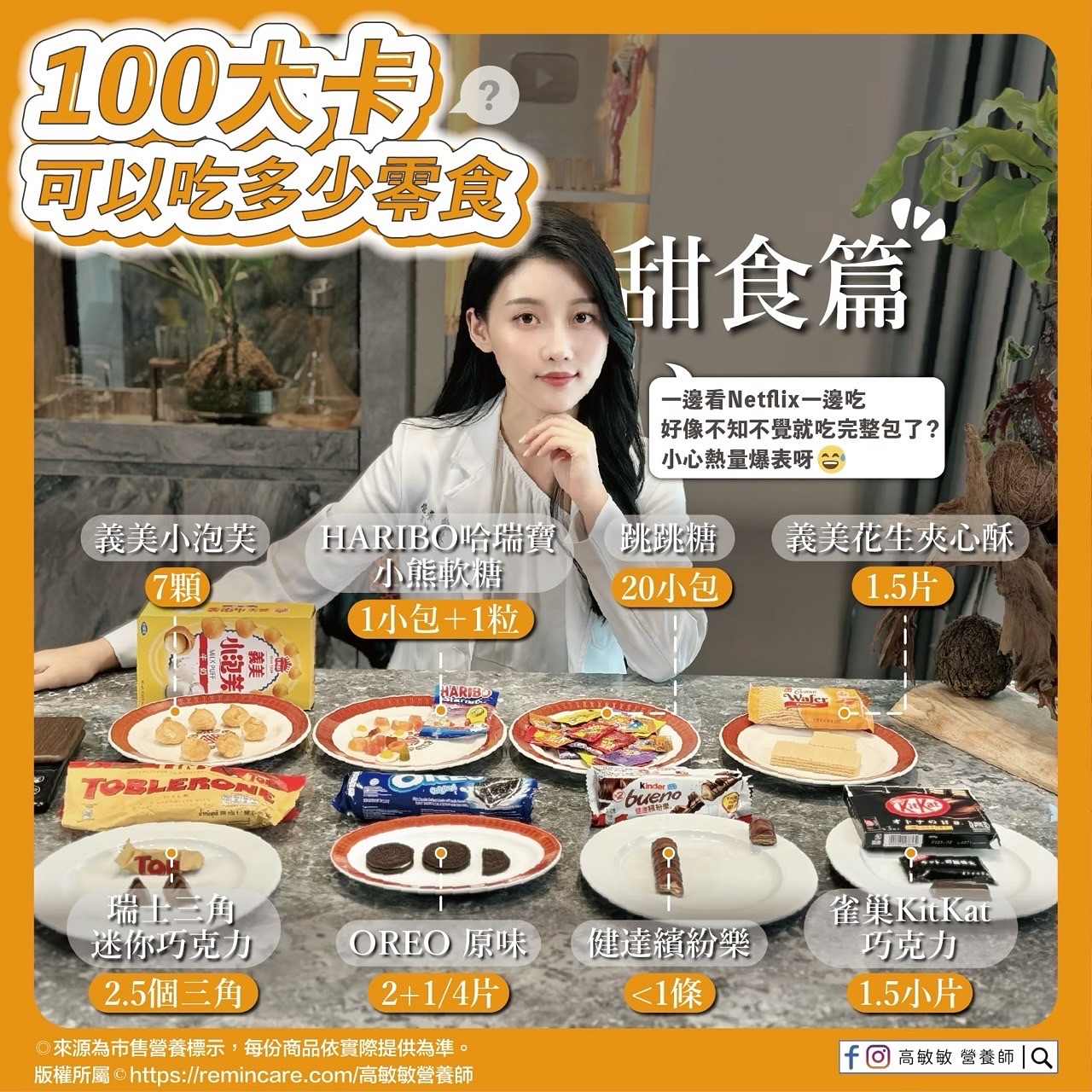 100大卡可以吃多少零食:甜食篇。(圖/翻攝自高敏敏IG)
