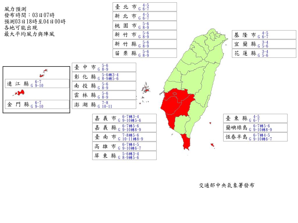 風力預測。(圖/中央氣象署)
