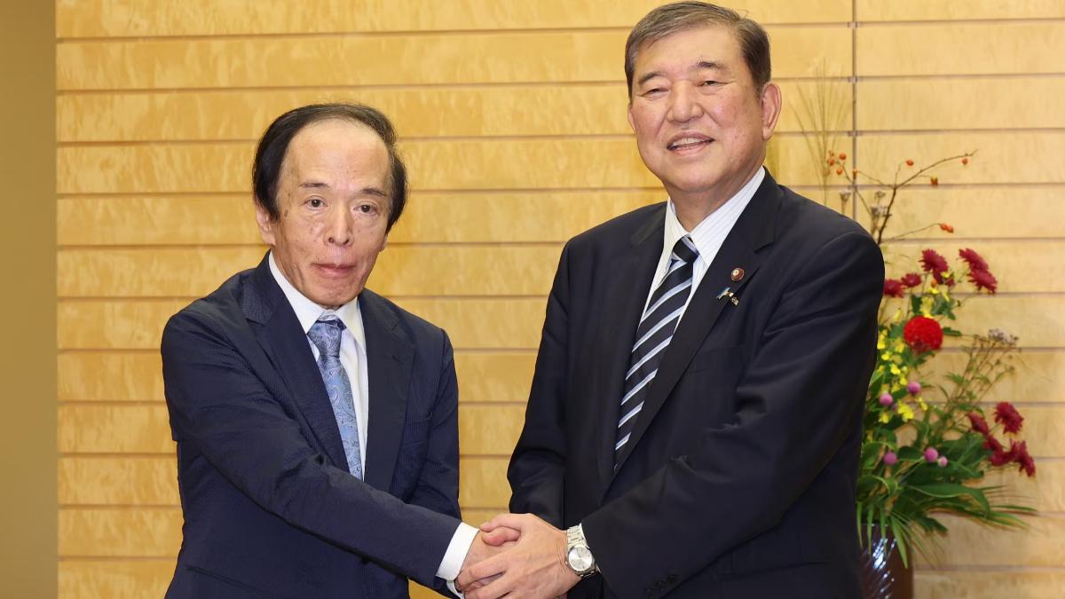 石破首度約見日本央行總裁，會後暗示不會升息。（圖／擷取自日本經濟新聞）