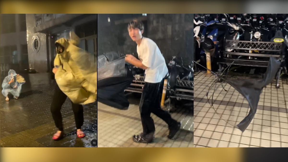山陀兒颱風來襲雙北強風不斷，學生雨衣被吹到穿不住，雨傘也開花。（圖／翻攝自 Threads）