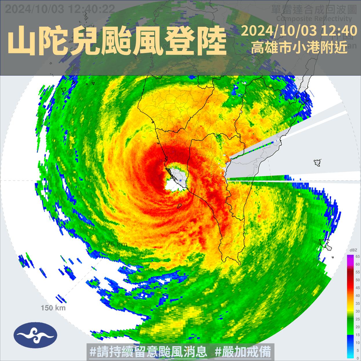 山陀兒颱風12:40高雄小港登陸。(圖/氣象署)