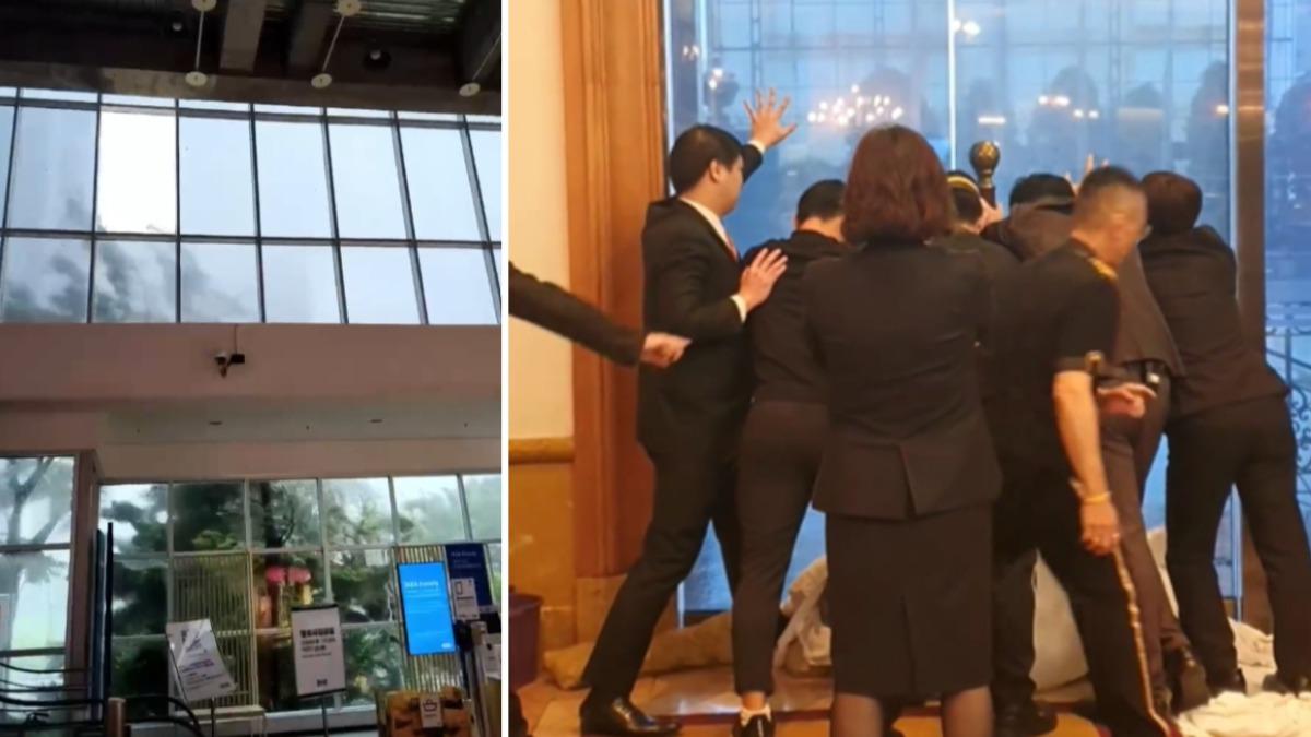 高雄14級強風IKEA玻璃被吹破 漢來玻璃門快垮5人肉身擋門壓
