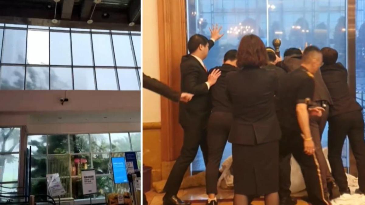 高雄強風吹破IKEA玻璃,還有飯店出動5名員工擋門。(圖/翻攝自 記者爆料網、Treads c.y_1209)
