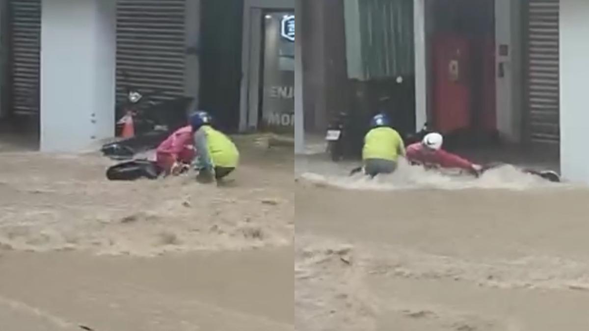 基隆2騎士險遭水流沖走。(圖/翻攝自臉書)