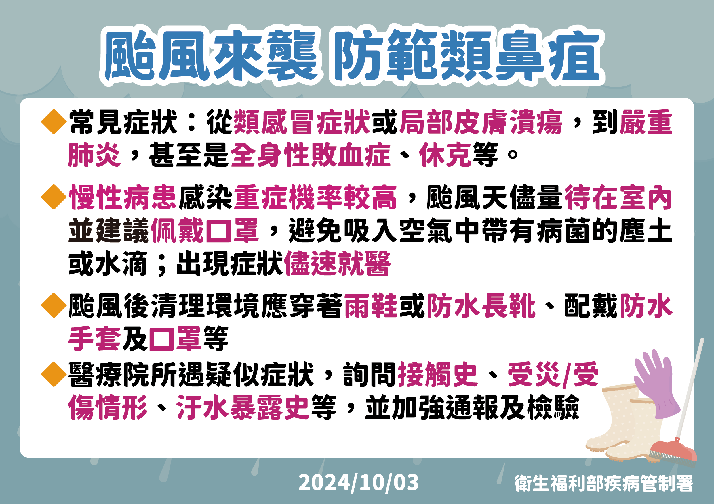 颱風後清理環境時應穿著雨鞋、防水手套和口罩,避免刺傷或割傷。(圖/疾管署提供)