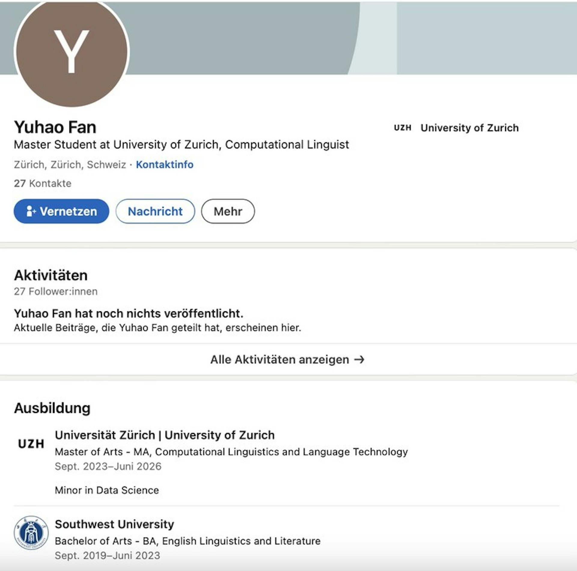 LinkedIn資料顯示，疑犯先前就讀西南大學。（圖／翻攝自LinkedIn）