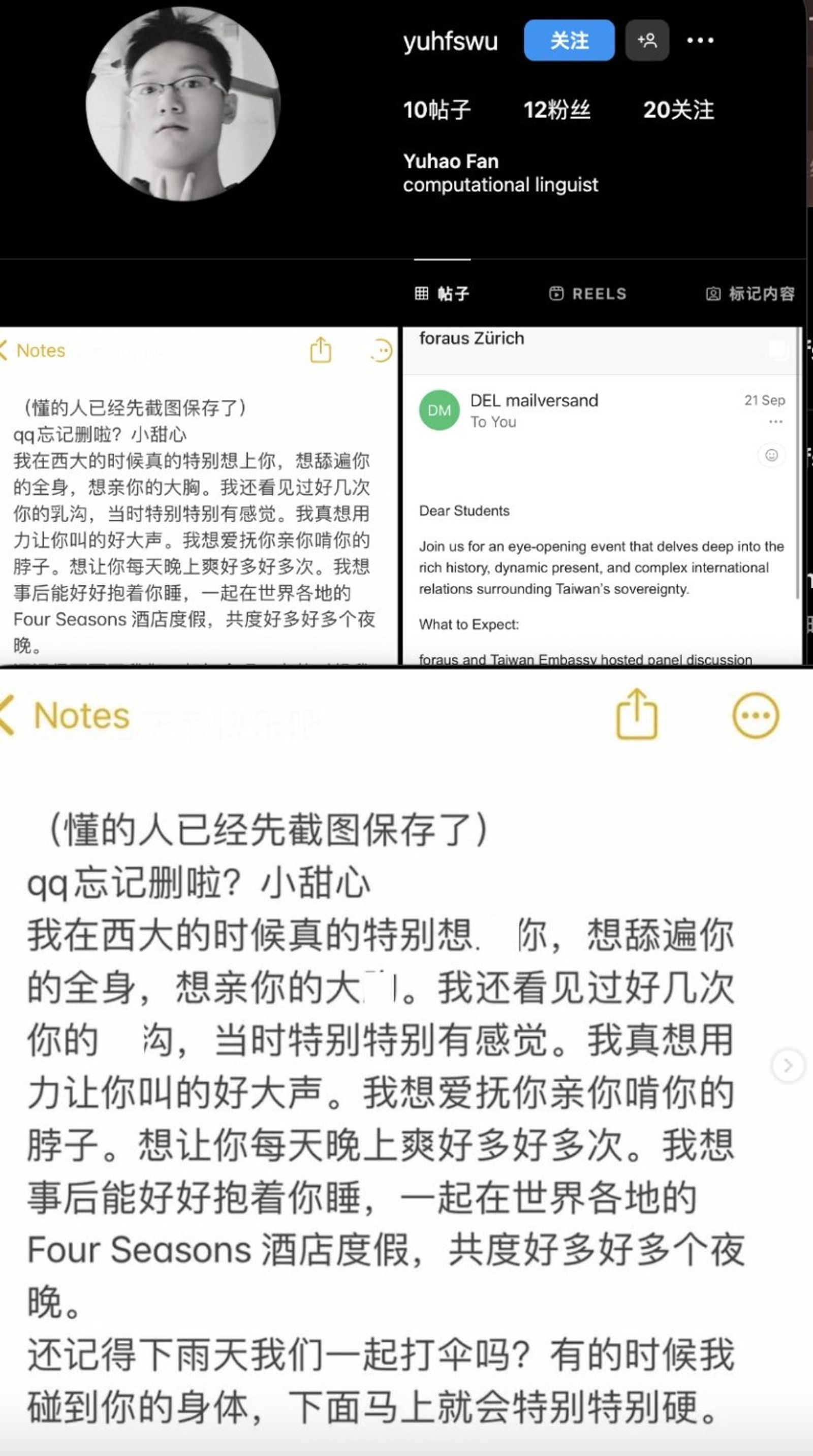 男子對一名西南大學共青團女成員有性幻想，文字極度淫穢。（圖／翻攝自X平台）