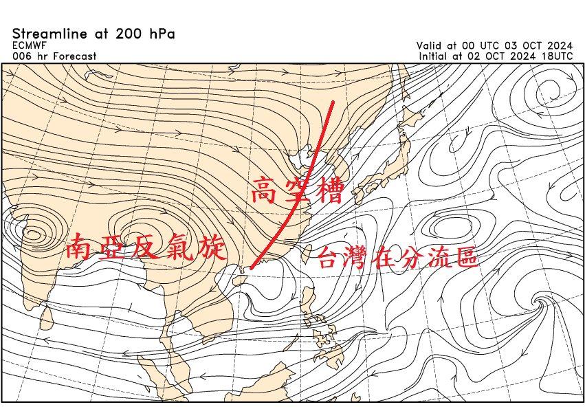 南亞反氣旋南移,高空槽接近,形成類似梅雨期的氣流型態。(圖/翻攝自鄭明典臉書)