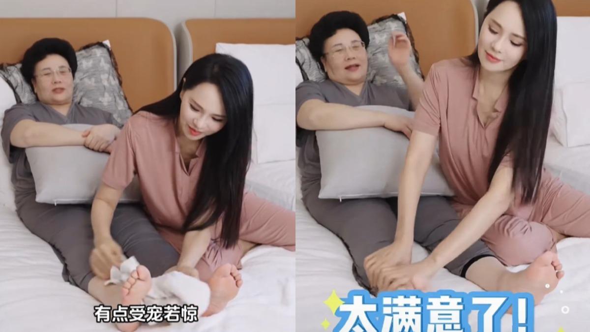 伊能靜仔細地替婆婆擦腳、按摩,讓婆婆大讚滿意。(圖/翻攝自伊能靜小紅書)