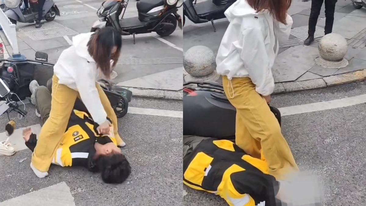 不滿蛇行遭提醒!陸女當街暴打外送員 拽下車呼巴掌、狠踹頭