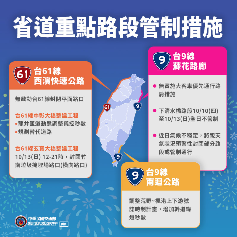 113年國慶日主要省道路段管制措施。（圖／翻攝自交通部臉書）