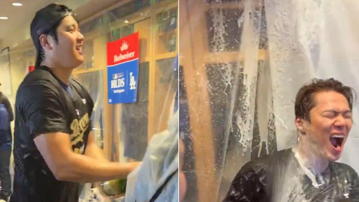 MLB/大谷吞3K仍嗨翻 亂入山本由伸訪問「狂噴他香檳」秒落跑