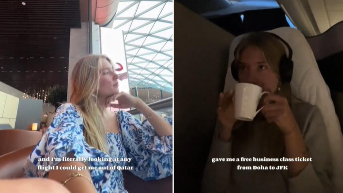 茱莉亞坐在咖啡廳不知如何是好時,身旁的男子竟送她免費搭商務艙。(圖/翻攝自 TikTok julia.jaro)