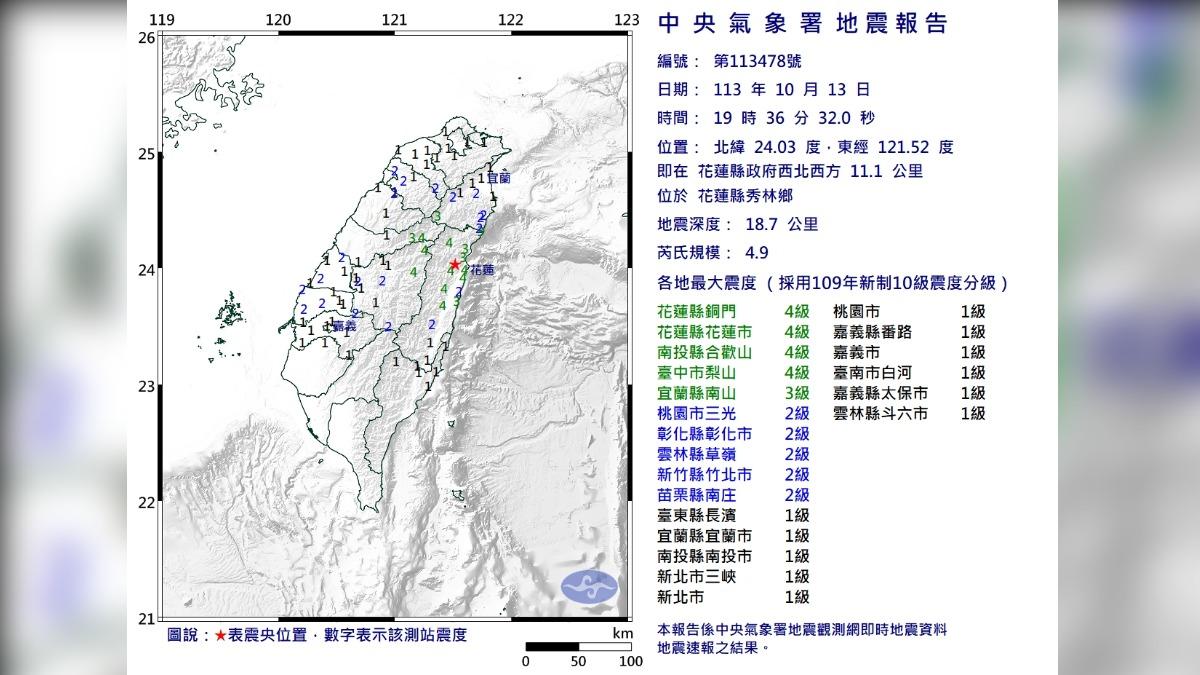 震央在花蓮。（圖／中央氣象署地震報告）
