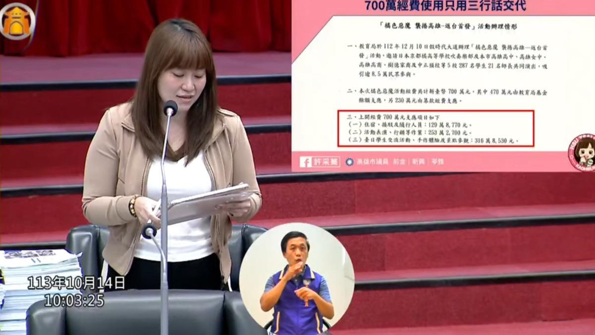 議員許采蓁質詢指出，橘色惡魔耗費700萬元的經費，高市教育局僅用了3句話回應。（圖／擷取自高雄市議會）