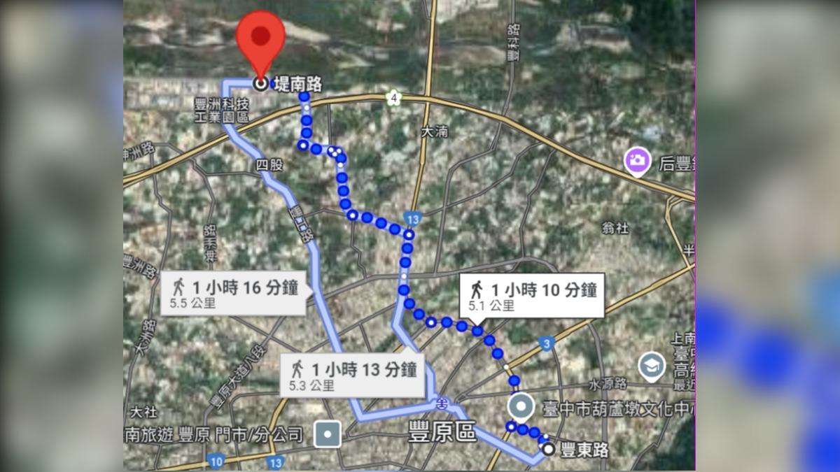 江婦跑到遠在5.1公里外的砂石車要道。(圖/翻攝自Google map)