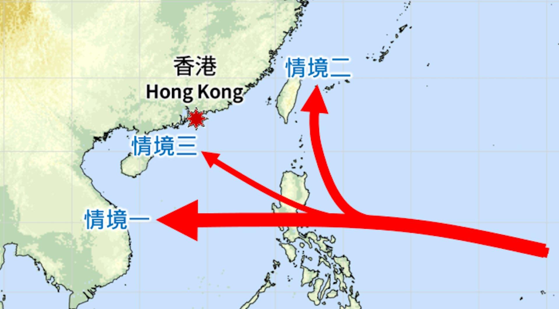 位於西北太平洋的廣闊低壓區隨後路徑的不同情境。(圖/翻攝自香港天文台)