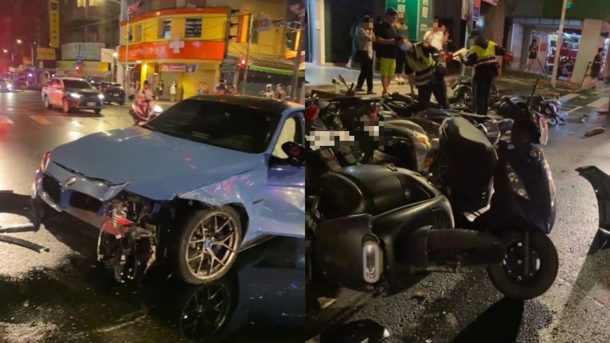 土城BMW打滑失控！撞轎車直衝路邊　下秒「14機車全倒」毀爛