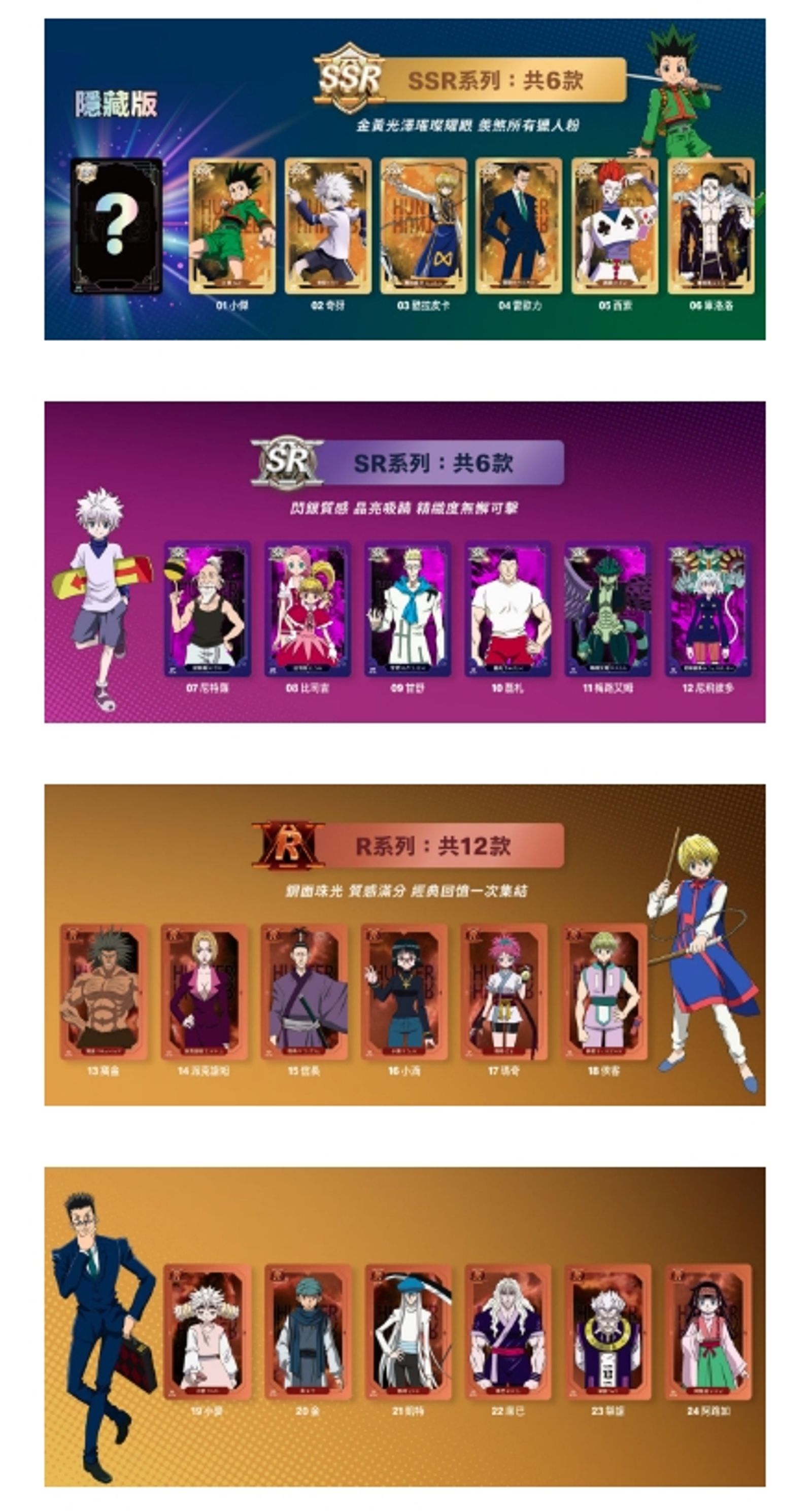 《獵人》角色盲卡包括24款+1隱藏版經典角色,包括小傑、比司吉,還是奇犽、阿路加等,全套共25張。(圖/翻攝自麥當勞官網)