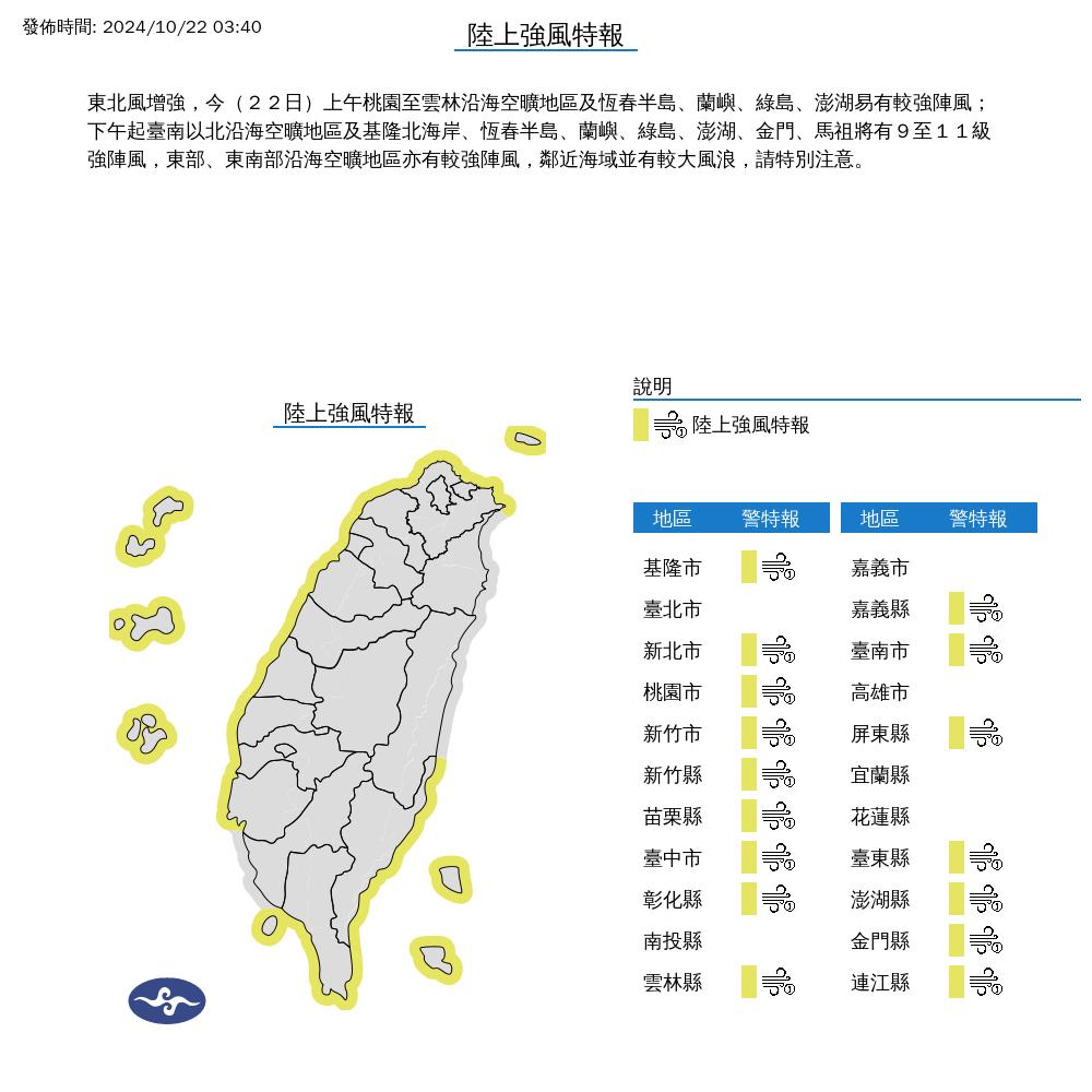 中央氣象署針對各縣市發布陸上颱風特報。(圖/中央氣象署)