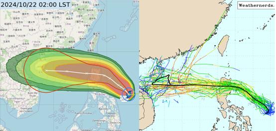 中央氣象署路徑潛勢預報圖(左)、歐洲(ECMWF)模式系集模擬圖(右)。(圖/翻攝自洩天機教室)