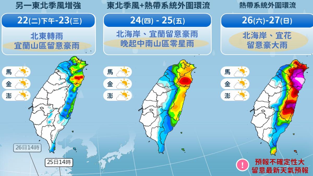 今日午後東北季風增強,北東轉雨。(圖/TVBS)