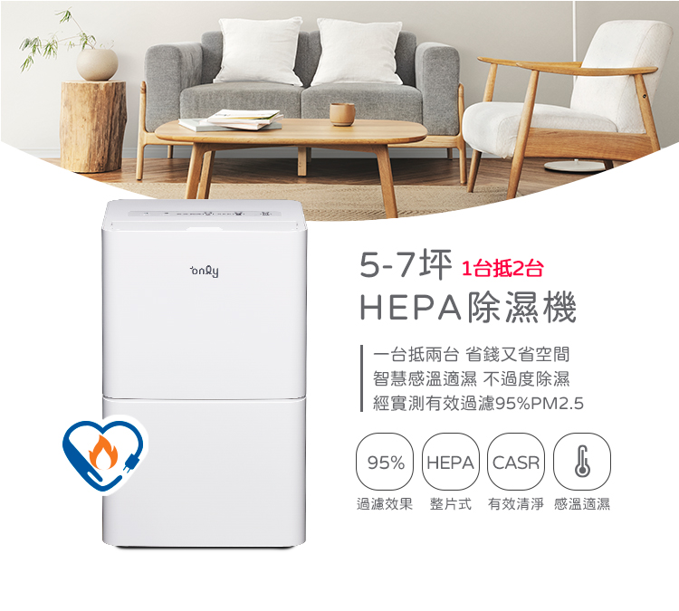 圖說：ony 5-7坪HEPA空氣清淨除濕機，能有效過濾PM2.5的高CP值機種，限時特惠免5千最高再送萬元好禮，還可申請政府退稅$500。https://relon.cc/S2evq