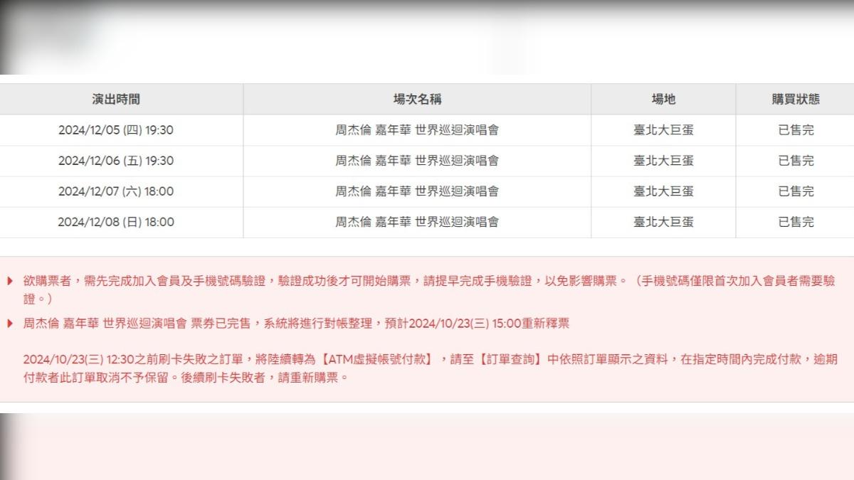 周杰倫演唱會將在下午3點進行清票。(圖/翻攝自拓元售票系統)