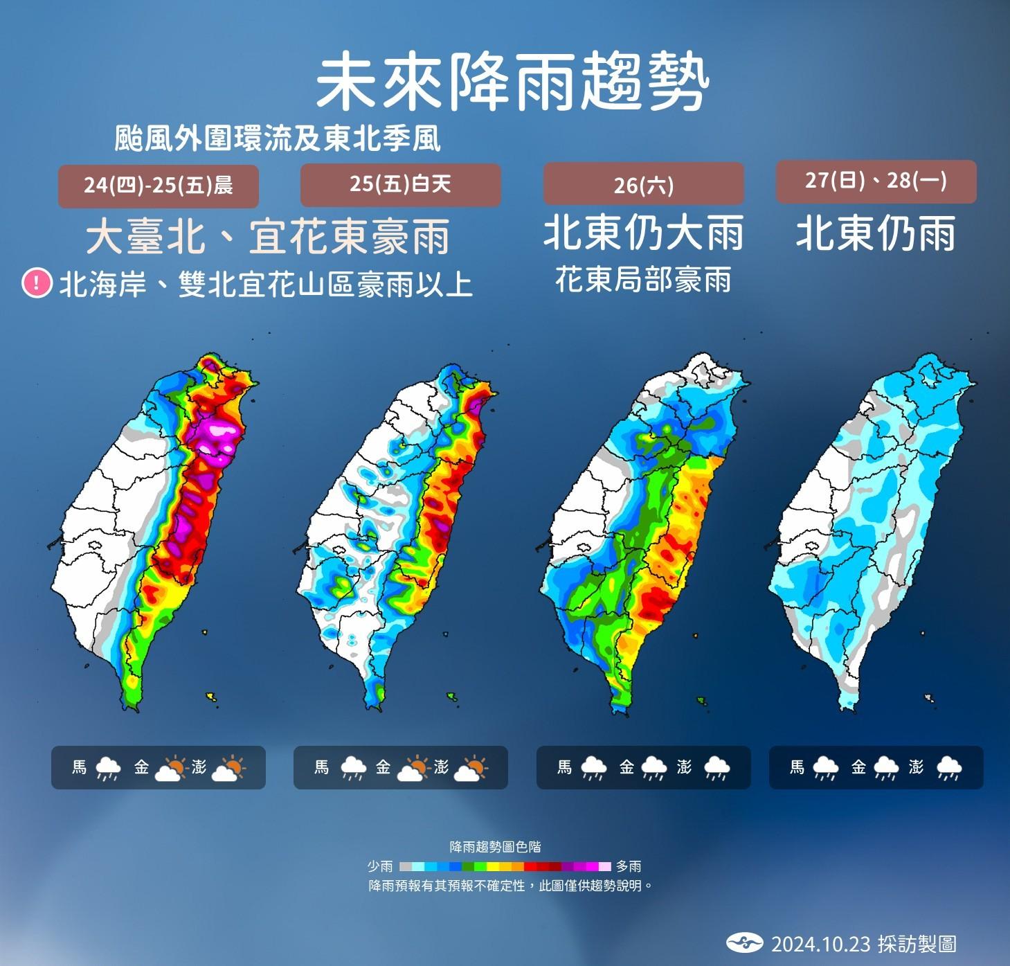 受颱風外部環流與東北季風影響，東半部降雨較明顯。（圖／TVBS）