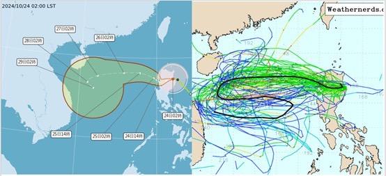 吳德榮說，5天後各別模擬路徑則近乎「麻花狀」的分布（右圖）。（圖／翻攝氣象署、洩天機教室網站）