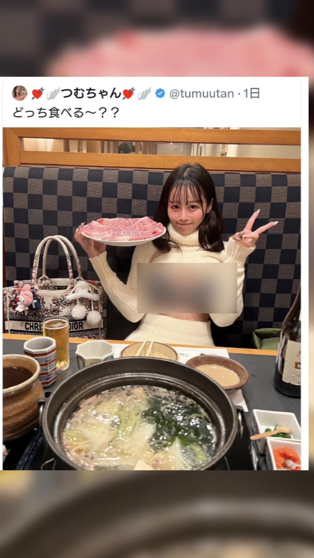 日本女子在餐廳露胸後，將照片分享上網挨轟。（圖／翻攝自Ｘ＠a_kaede1016）