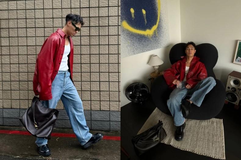 在BOTTEGA VENETA 2025春夏秀場上,楊祐寧拿著的深棕色ANDIAMO 絲滑皮革手提肩背包。(圖/Bottega Veneta提供)