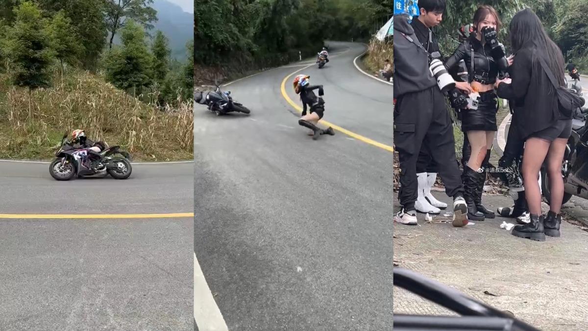 過彎3秒慘摔！陸重機妹「肉絲長腿摩地」　壓車遭酸：裝X失敗