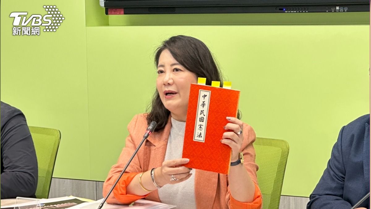 民進黨團幹事長吳思瑤拿出憲法。(圖/潘袁詩羽攝)