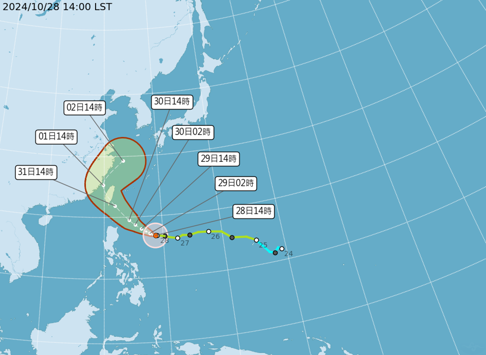 根據中央氣象署目前預測路徑,康芮很可能會在11月1日左右登陸台灣。(中央氣象署提供)