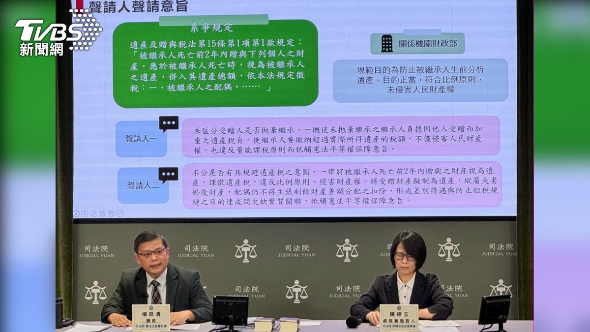 擬制遺產課稅案,憲法法庭書記廳長楊皓清(左)說明判決意旨。(圖/司法院提供)