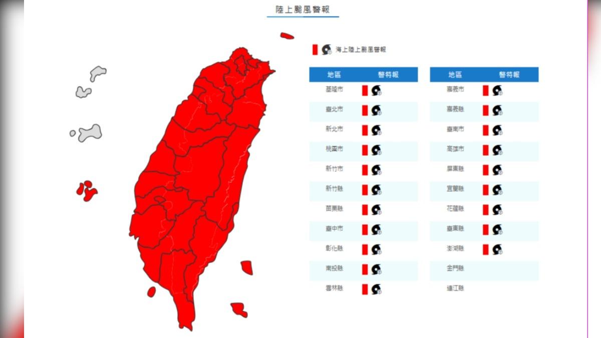 全台各地及澎湖列為陸上警戒。(圖/氣象署)