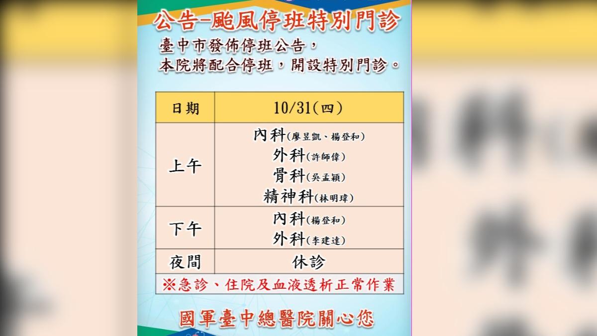 國軍台中總醫院10月31日開診狀況。(圖/國軍台中總醫院提供)