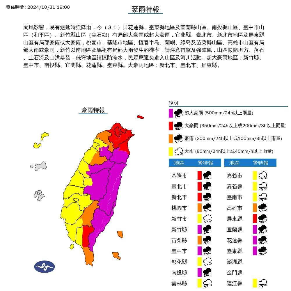 氣象署發布豪雨特報。(圖/中央氣象署)