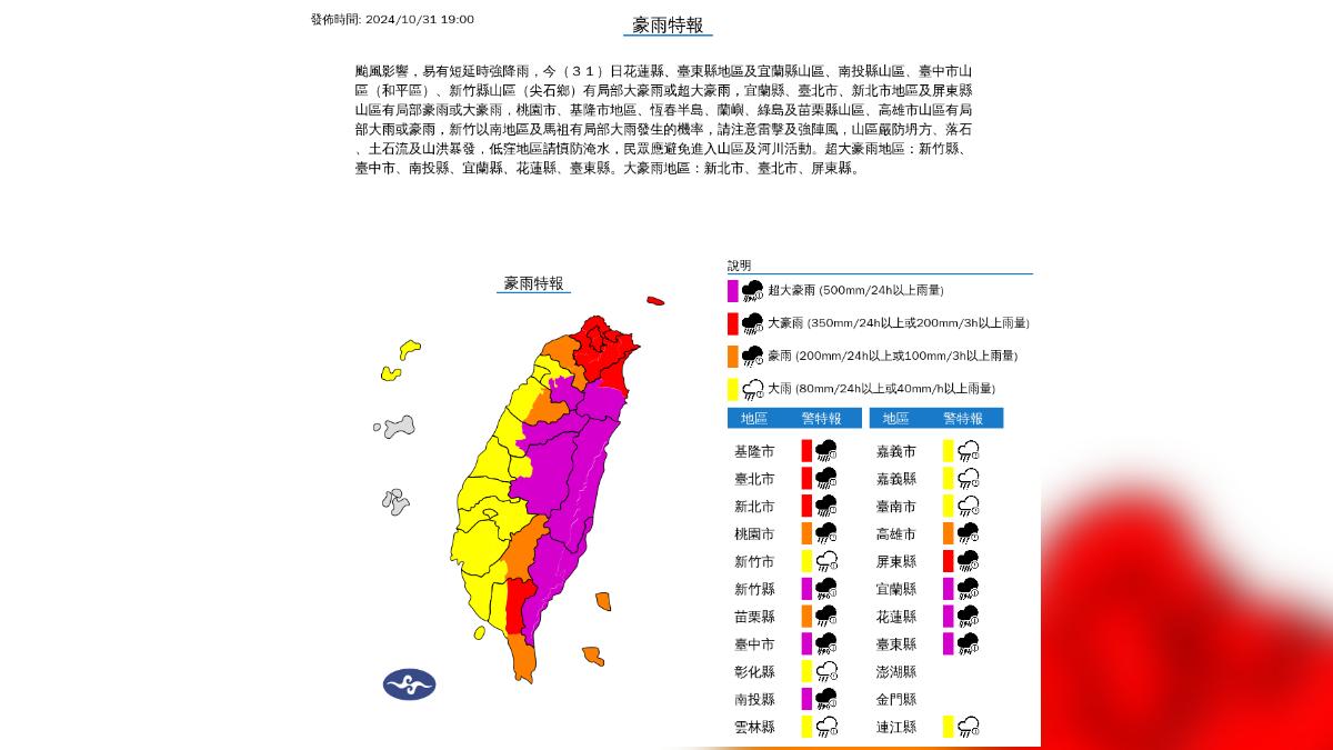 豪雨特報。(圖/中央氣象署)