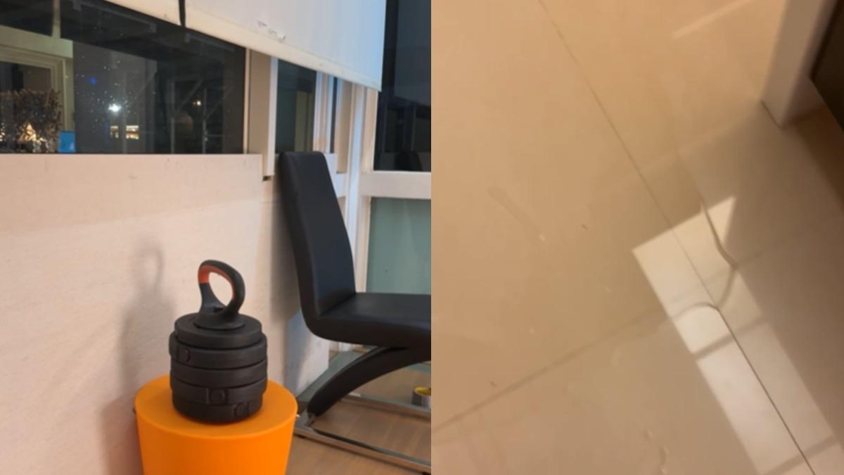 利菁和老公許仙先用木板擋住破口處,沒想到廚房進也滲水。(圖/翻攝自利菁臉書)