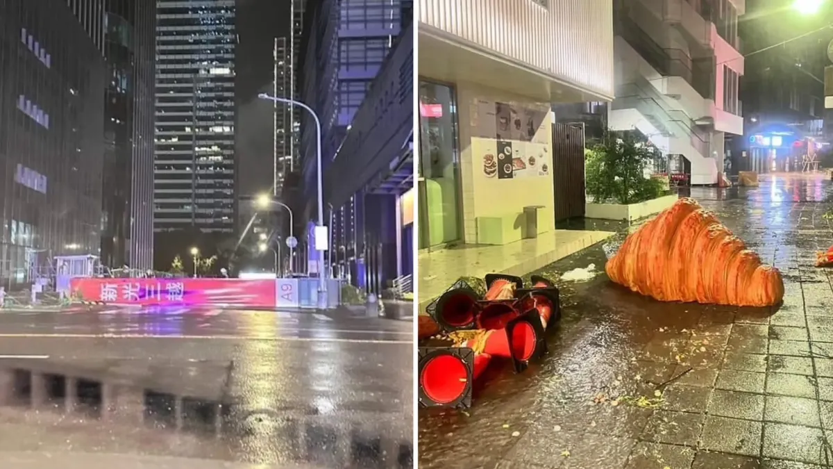 台北風超大！新光三越A9招牌燈箱橫躺　驚見「巨大可頌」離家出走