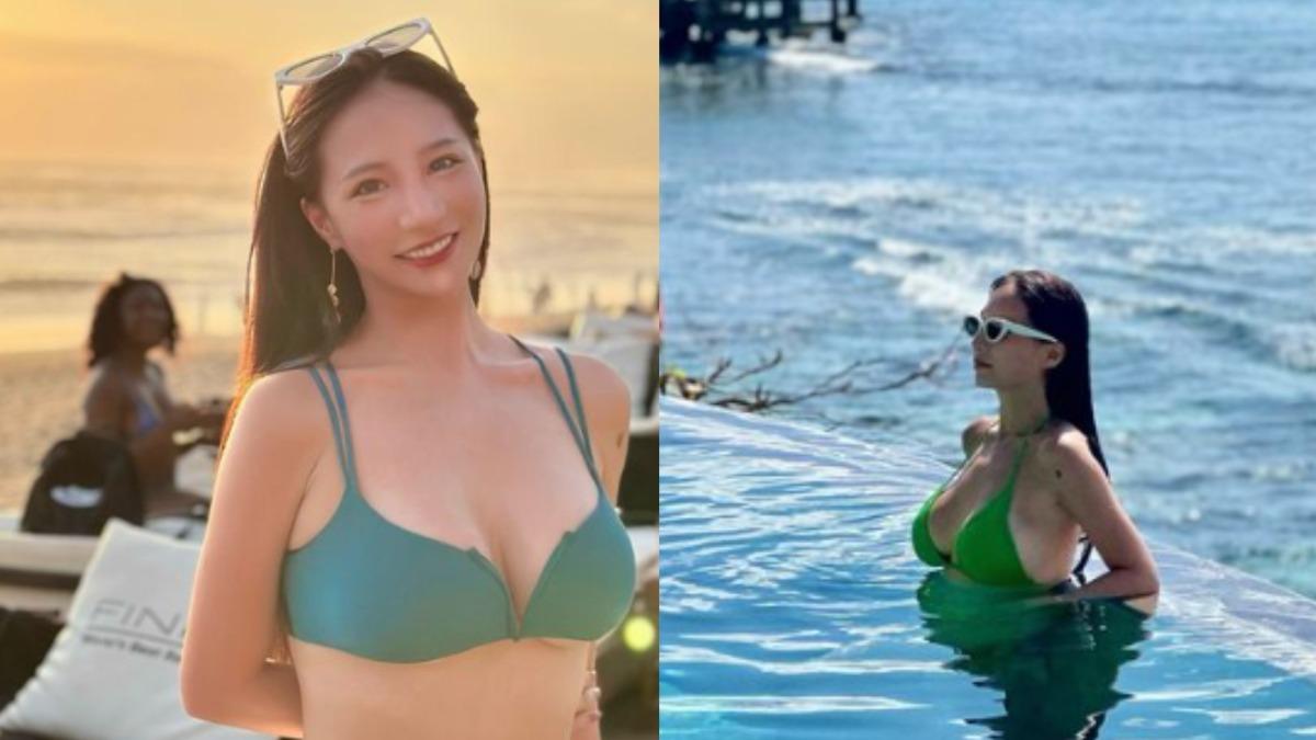 林采緹身穿綠色比基尼在泳池邊享受日光浴。(圖/翻攝自sunnylin_520 IG)